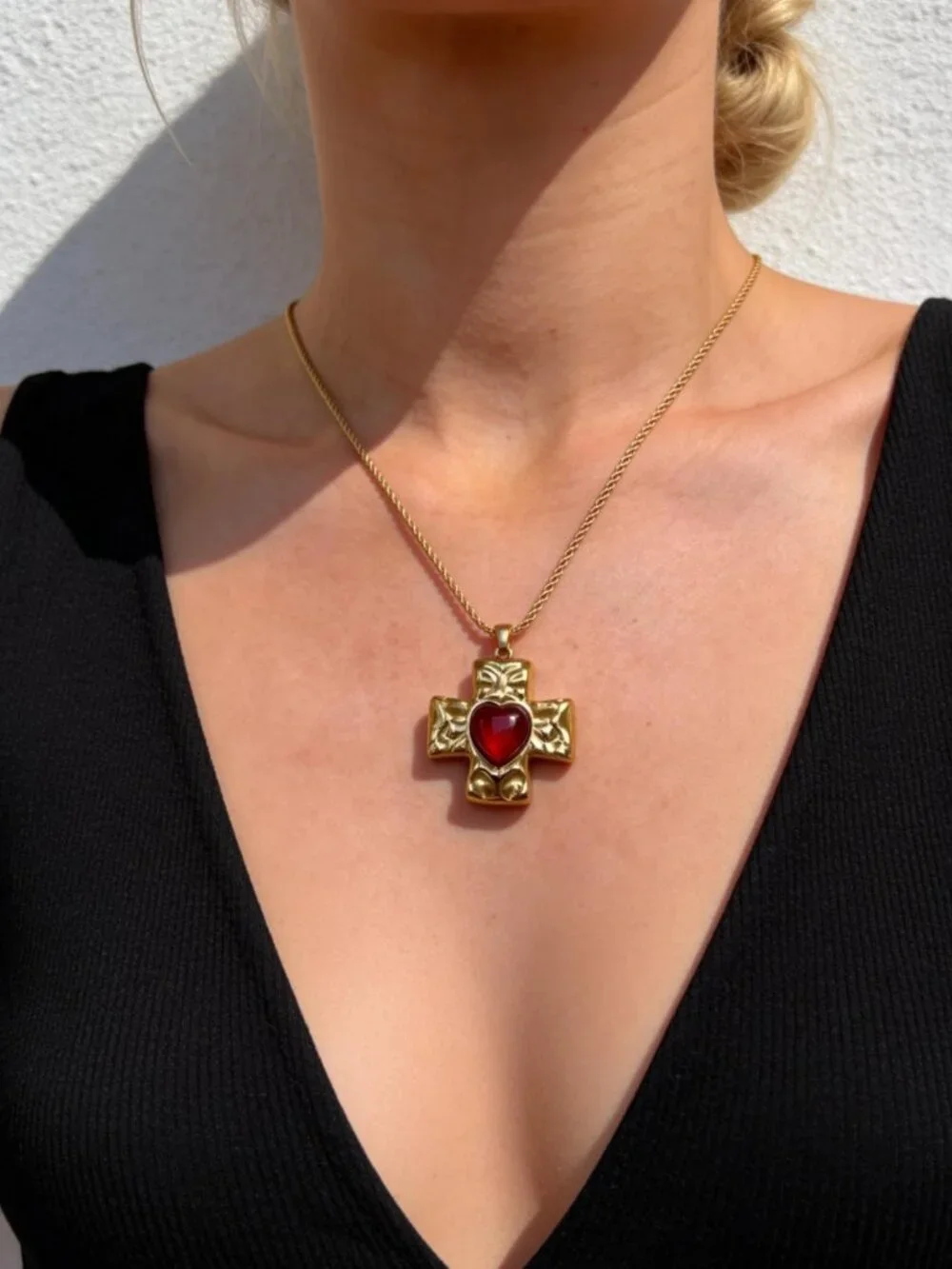 Gold Cross Heart Pendant Stainless Steel Vintage Style Necklace - Picture 3 of 12
